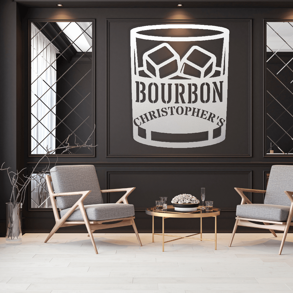 MyEasyMonogram Steel Sign Personalized Bourbon Rocks Glass Metal Wall Art