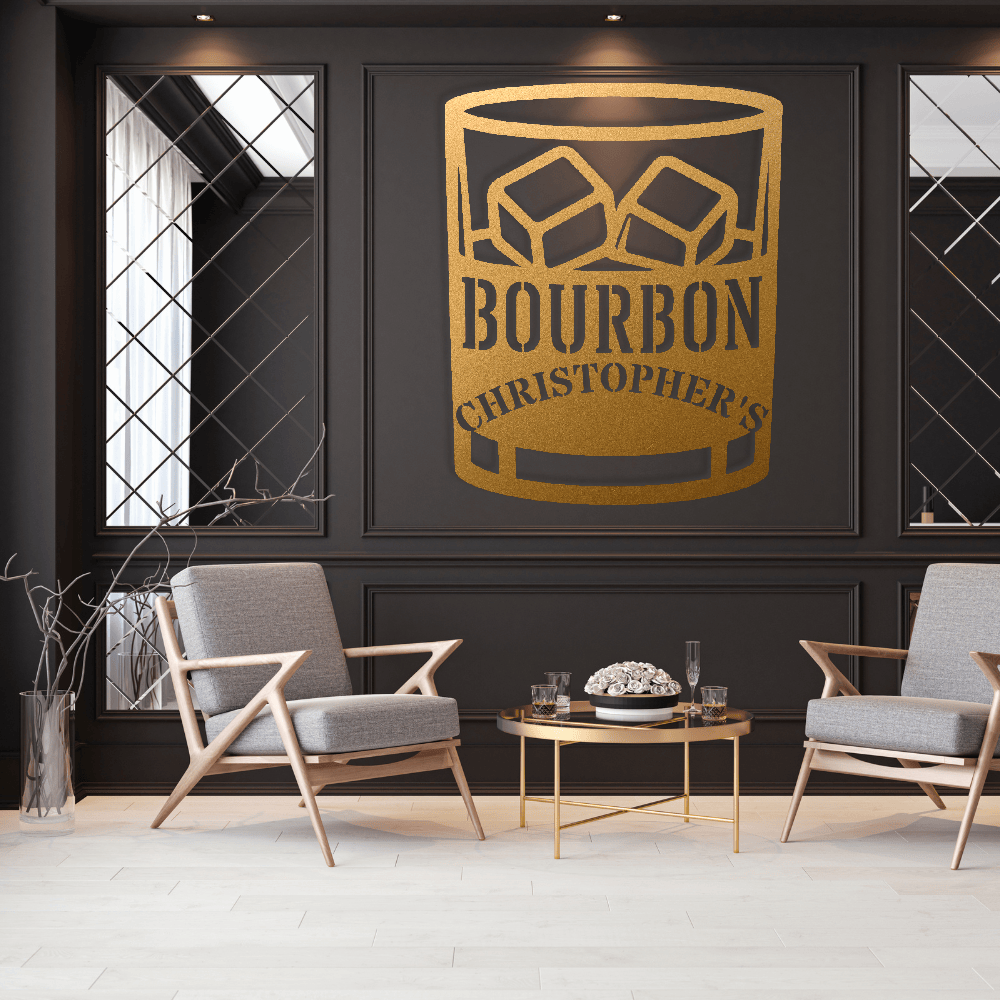 MyEasyMonogram Steel Sign Personalized Bourbon Rocks Glass Metal Wall Art