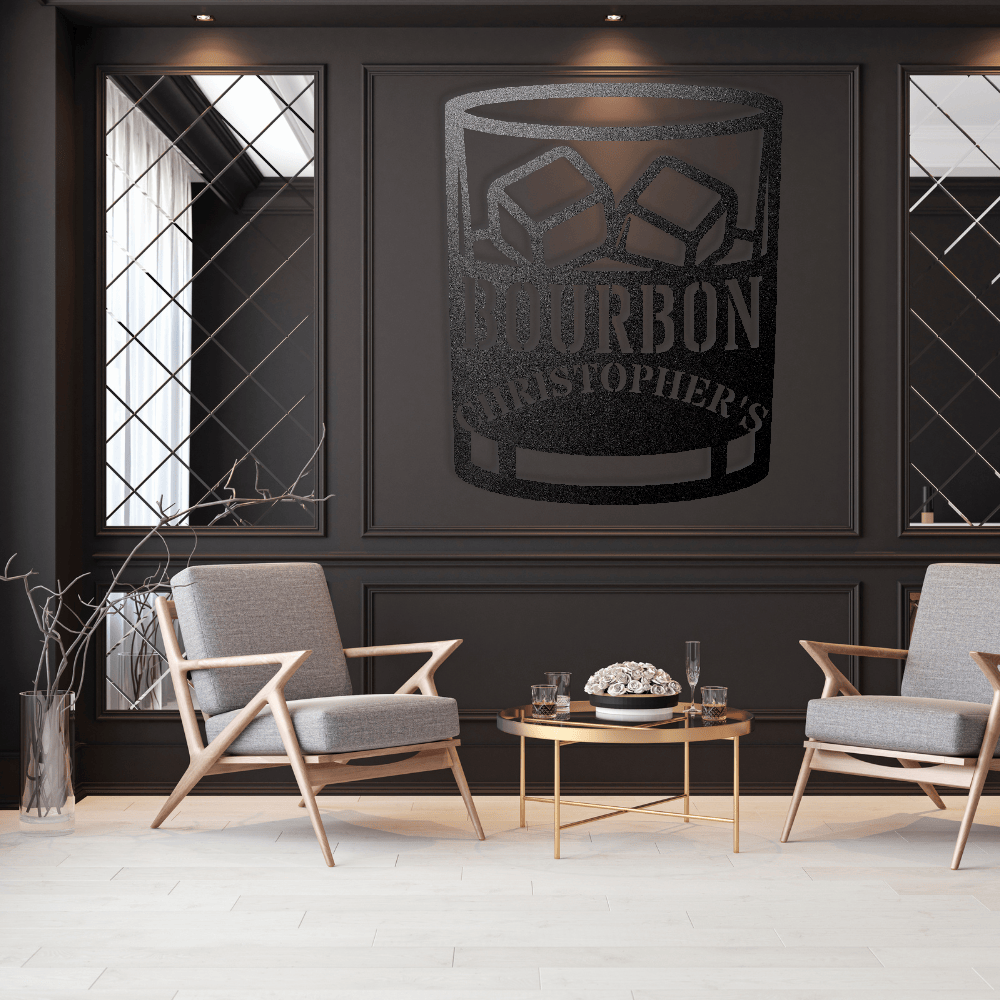 MyEasyMonogram Steel Sign Personalized Bourbon Rocks Glass Metal Wall Art