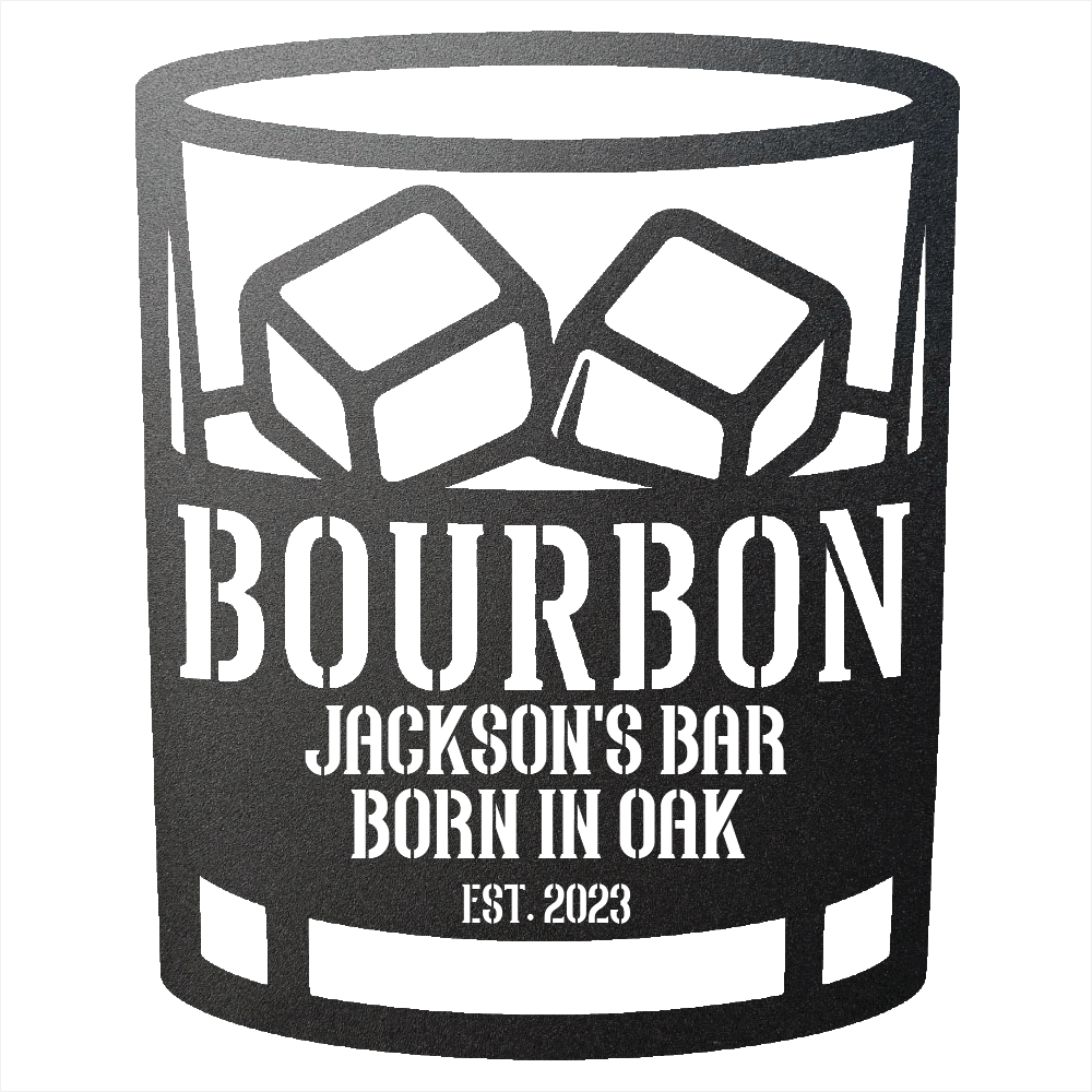 MyEasyMonogram Steel Sign Personalized Bourbon Rocks Glass Metal Wall Art