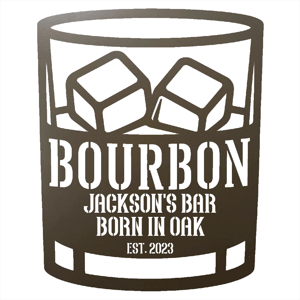 MyEasyMonogram Steel Sign Personalized Bourbon Rocks Glass Metal Wall Art