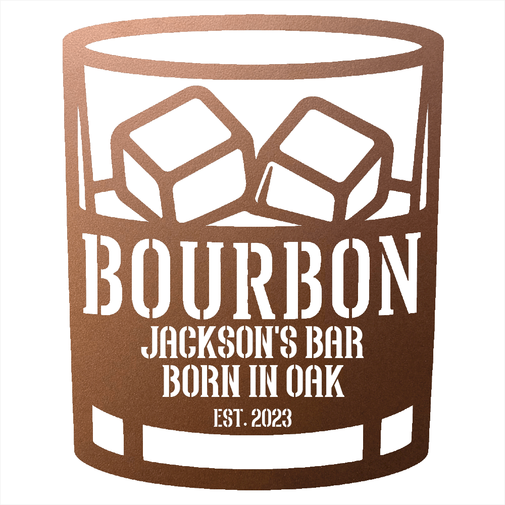 MyEasyMonogram Steel Sign Personalized Bourbon Rocks Glass Metal Wall Art