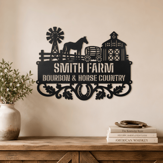 MyEasyMonogram Steel Sign Personalized Farmyard Metal Wall Art with Horse and Barn Silhouette