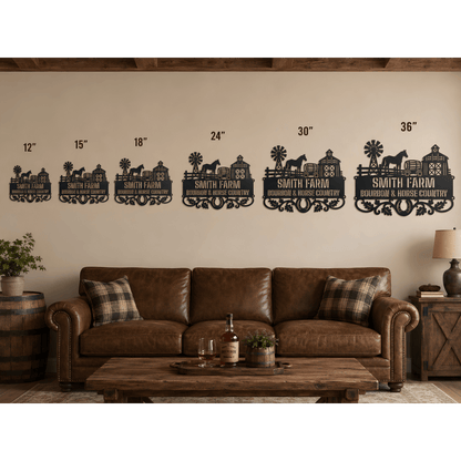 MyEasyMonogram Steel Sign Personalized Farmyard Metal Wall Art with Horse and Barn Silhouette