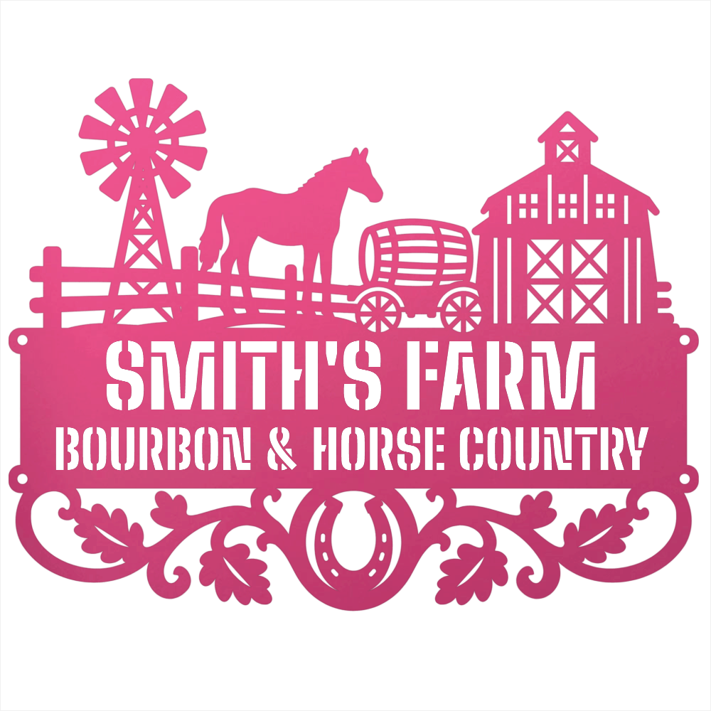 MyEasyMonogram Steel Sign Pink / 12 Personalized Farmyard Metal Wall Art with Horse and Barn Silhouette