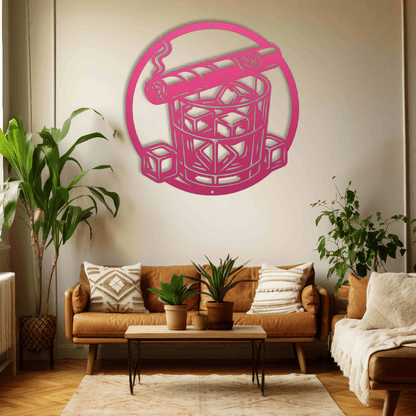 MyEasyMonogram Steel Sign Pink / 12 Whiskey Glass with Ice and Smoking Cigar Metal Wall Art
