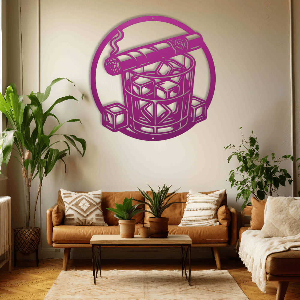 MyEasyMonogram Steel Sign Purple / 12 Whiskey Glass with Ice and Smoking Cigar Metal Wall Art