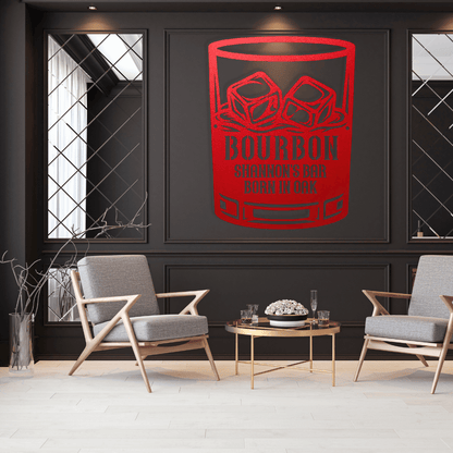 MyEasyMonogram Steel Sign Red / 12 Personalized Bourbon Whiskey Rocks Glass Metal Wall Art