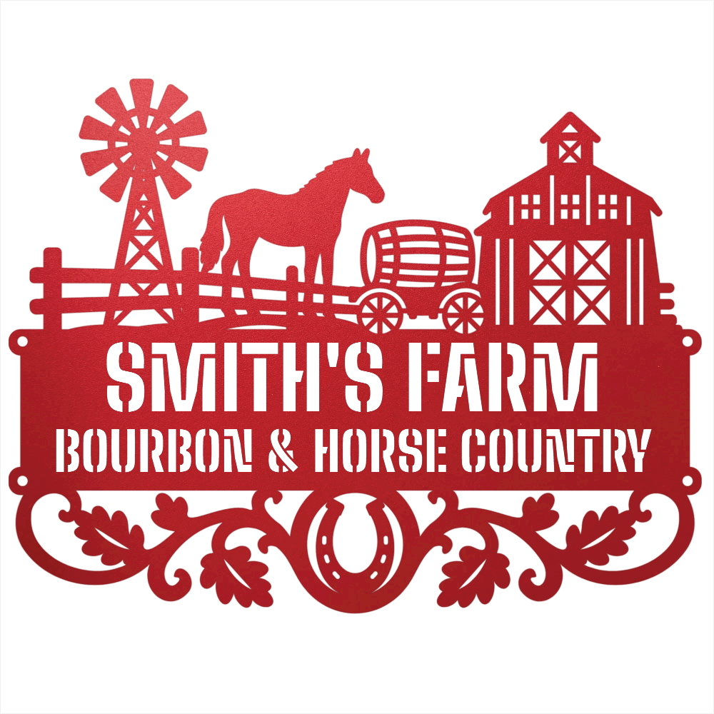 MyEasyMonogram Steel Sign Red / 12 Personalized Farmyard Metal Wall Art with Horse and Barn Silhouette