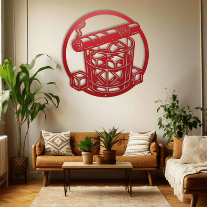 MyEasyMonogram Steel Sign Red / 12 Whiskey Glass with Ice and Smoking Cigar Metal Wall Art