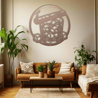 MyEasyMonogram Steel Sign Rose / 12 Whiskey Glass with Ice and Smoking Cigar Metal Wall Art