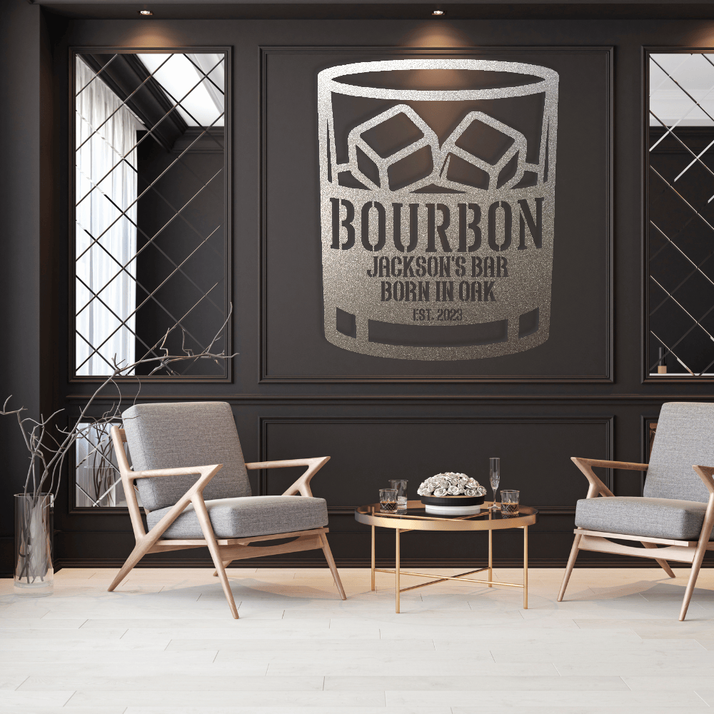 MyEasyMonogram Steel Sign Silver / 12 Personalized Bourbon Rocks Glass Metal Wall Art