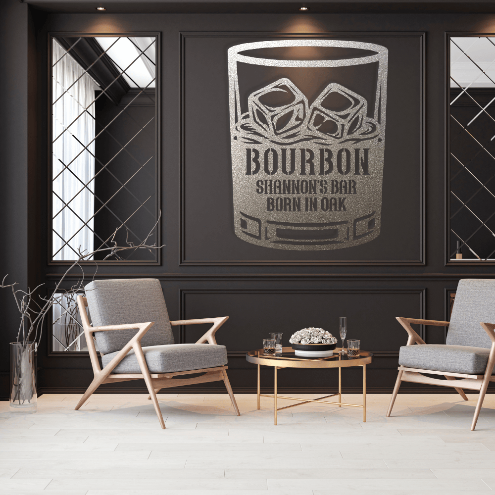MyEasyMonogram Steel Sign Silver / 12 Personalized Bourbon Whiskey Rocks Glass Metal Wall Art