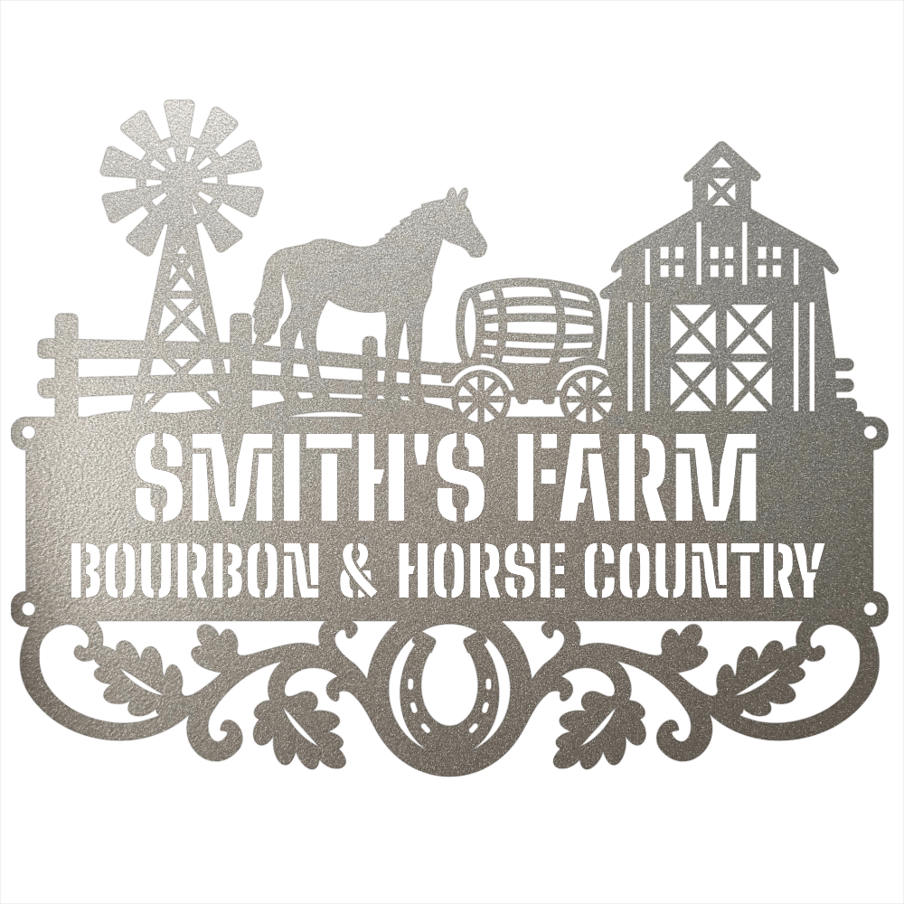 MyEasyMonogram Steel Sign Silver / 12 Personalized Farmyard Metal Wall Art with Horse and Barn Silhouette