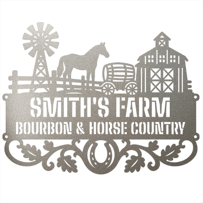 MyEasyMonogram Steel Sign Silver / 12 Personalized Farmyard Metal Wall Art with Horse and Barn Silhouette
