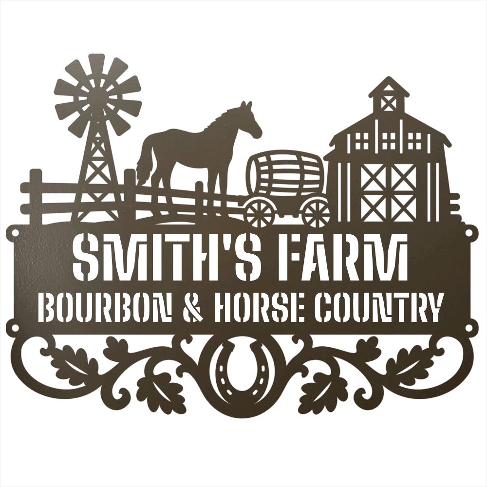 MyEasyMonogram Steel Sign Stone / 12 Personalized Farmyard Metal Wall Art with Horse and Barn Silhouette