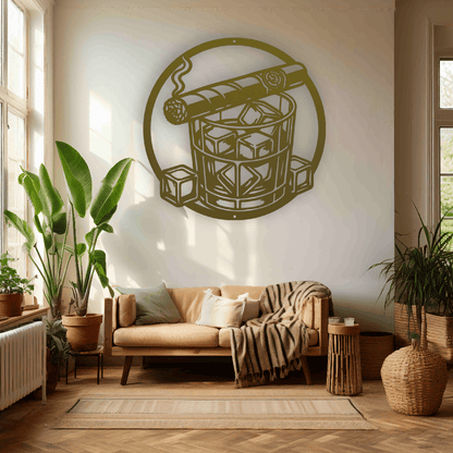 MyEasyMonogram Steel Sign Whiskey Glass with Ice and Smoking Cigar Metal Wall Art