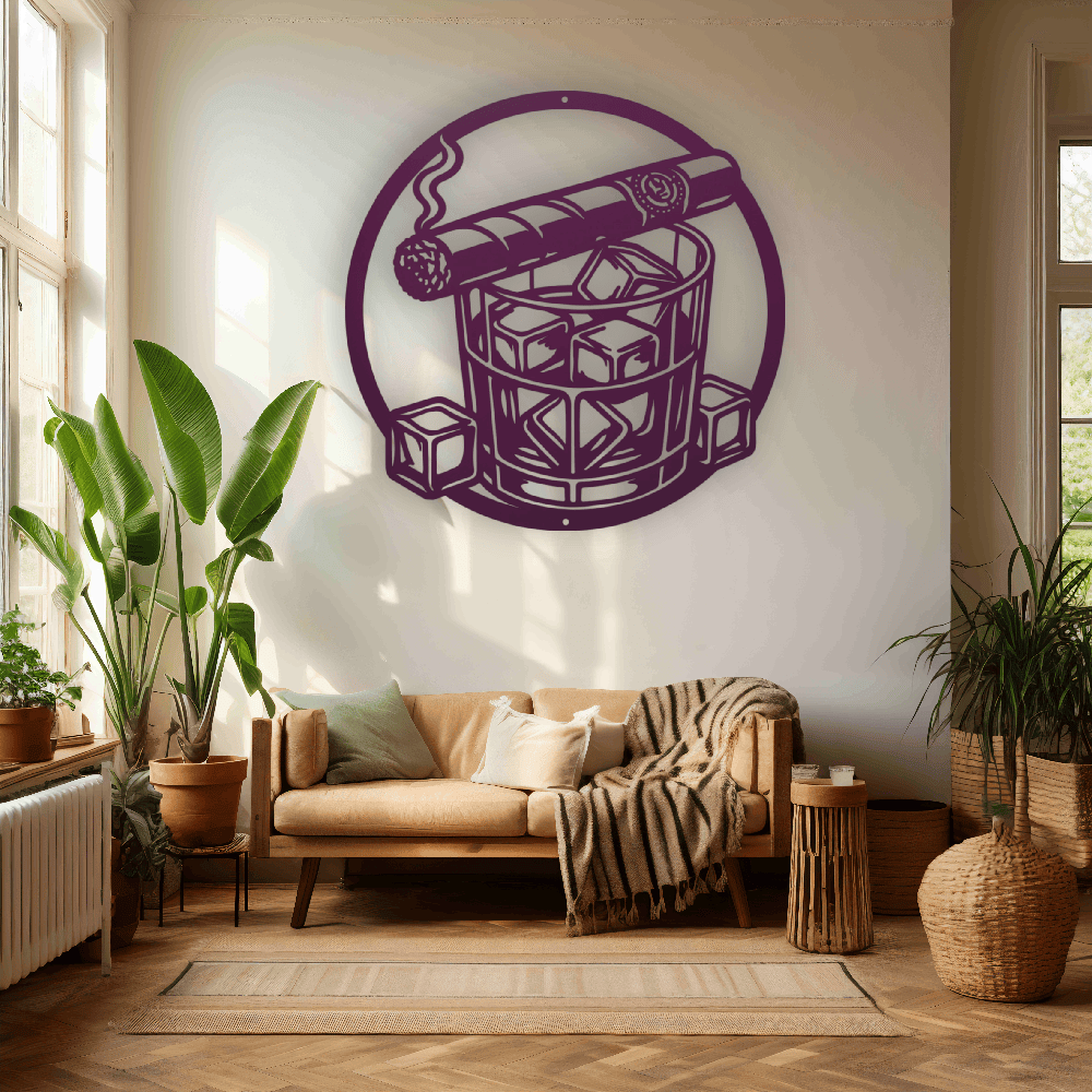 MyEasyMonogram Steel Sign Whiskey Glass with Ice and Smoking Cigar Metal Wall Art