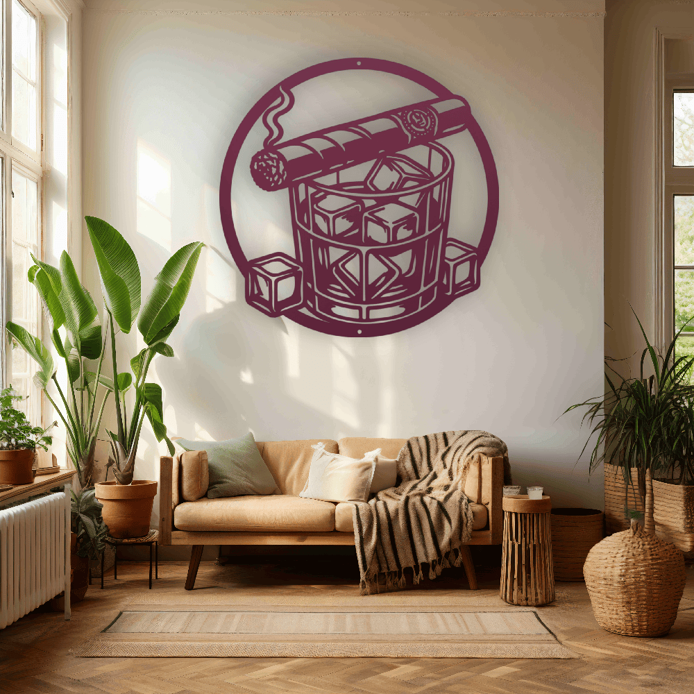 MyEasyMonogram Steel Sign Whiskey Glass with Ice and Smoking Cigar Metal Wall Art