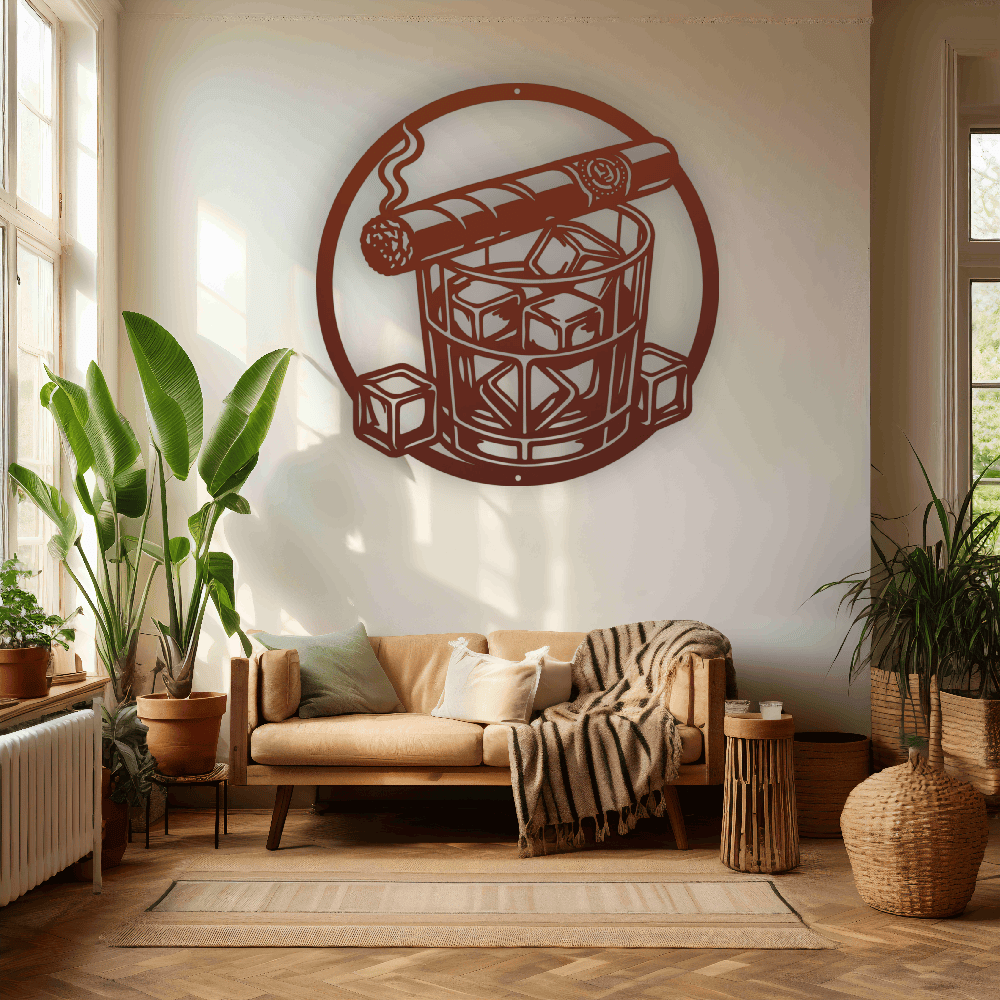 MyEasyMonogram Steel Sign Whiskey Glass with Ice and Smoking Cigar Metal Wall Art
