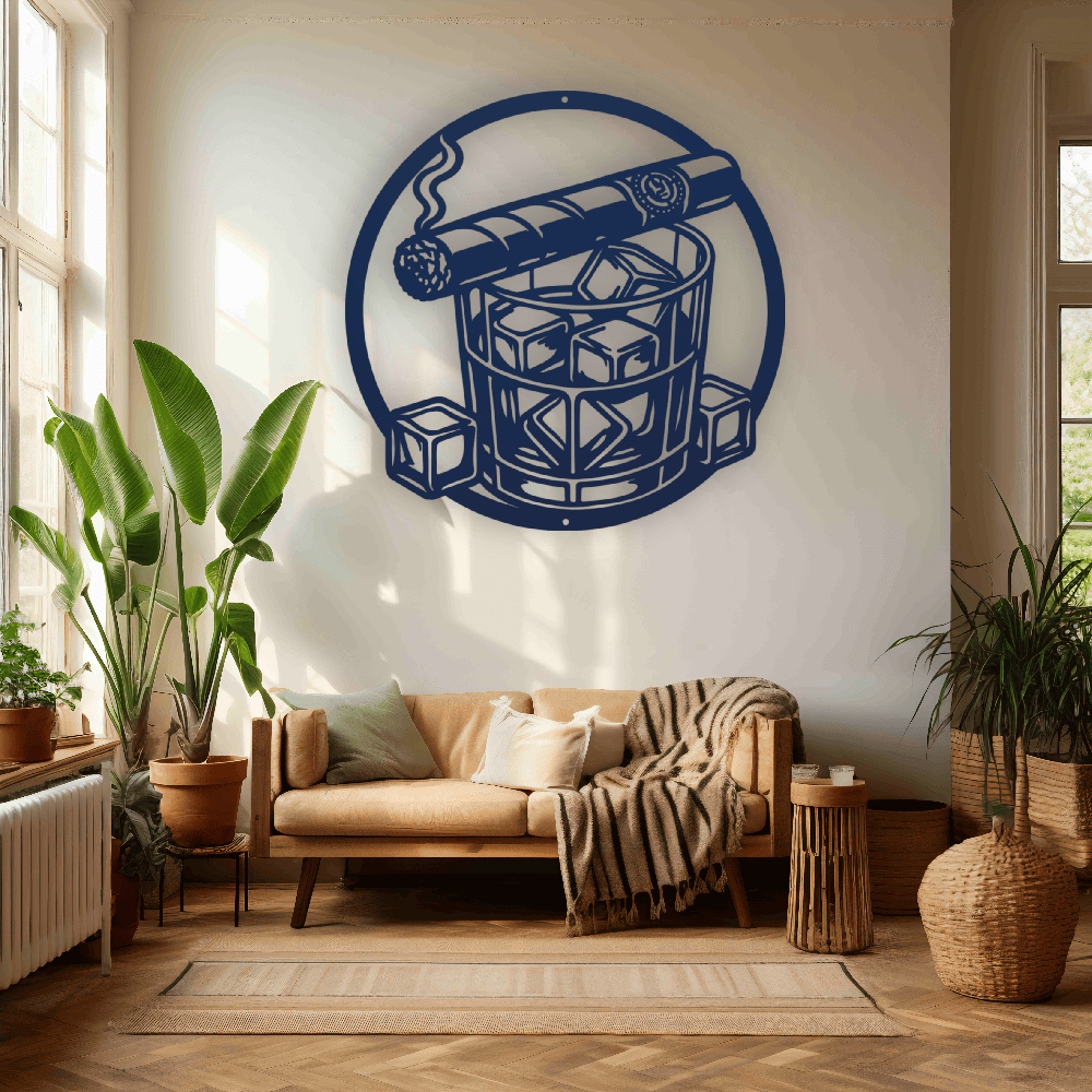 MyEasyMonogram Steel Sign Whiskey Glass with Ice and Smoking Cigar Metal Wall Art