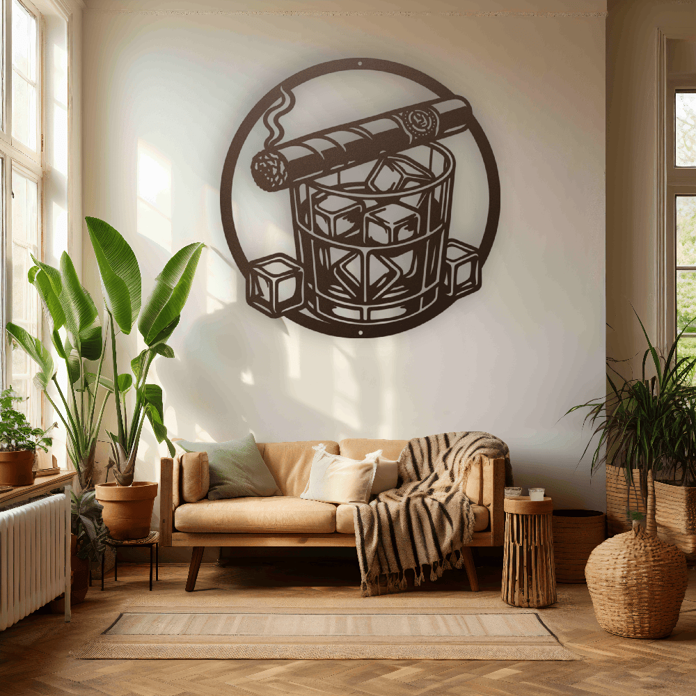 MyEasyMonogram Steel Sign Whiskey Glass with Ice and Smoking Cigar Metal Wall Art