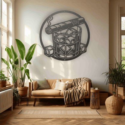 MyEasyMonogram Steel Sign Whiskey Glass with Ice and Smoking Cigar Metal Wall Art