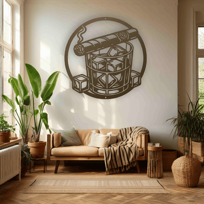 MyEasyMonogram Steel Sign Whiskey Glass with Ice and Smoking Cigar Metal Wall Art