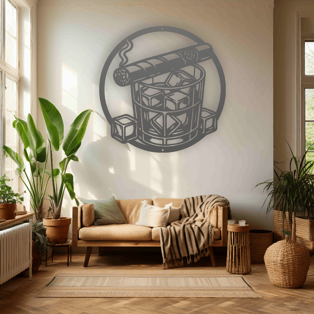MyEasyMonogram Steel Sign Whiskey Glass with Ice and Smoking Cigar Metal Wall Art