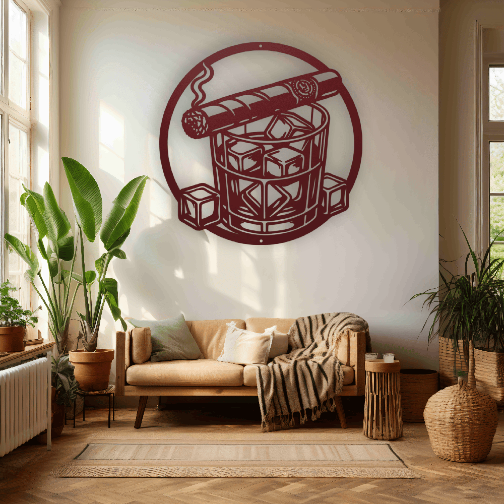 MyEasyMonogram Steel Sign Whiskey Glass with Ice and Smoking Cigar Metal Wall Art