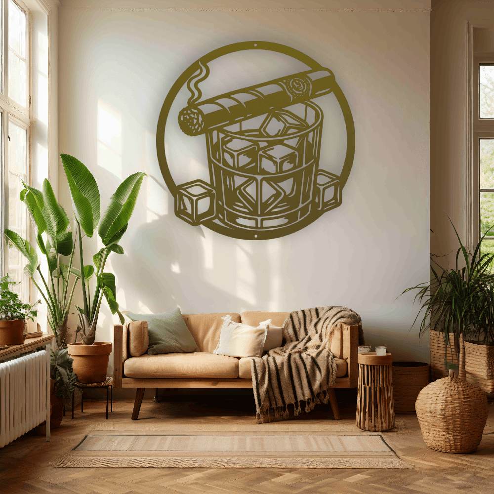 MyEasyMonogram Steel Sign Whiskey Glass with Ice and Smoking Cigar Metal Wall Art