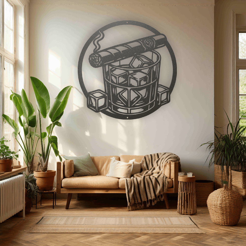 MyEasyMonogram Steel Sign Whiskey Glass with Ice and Smoking Cigar Metal Wall Art