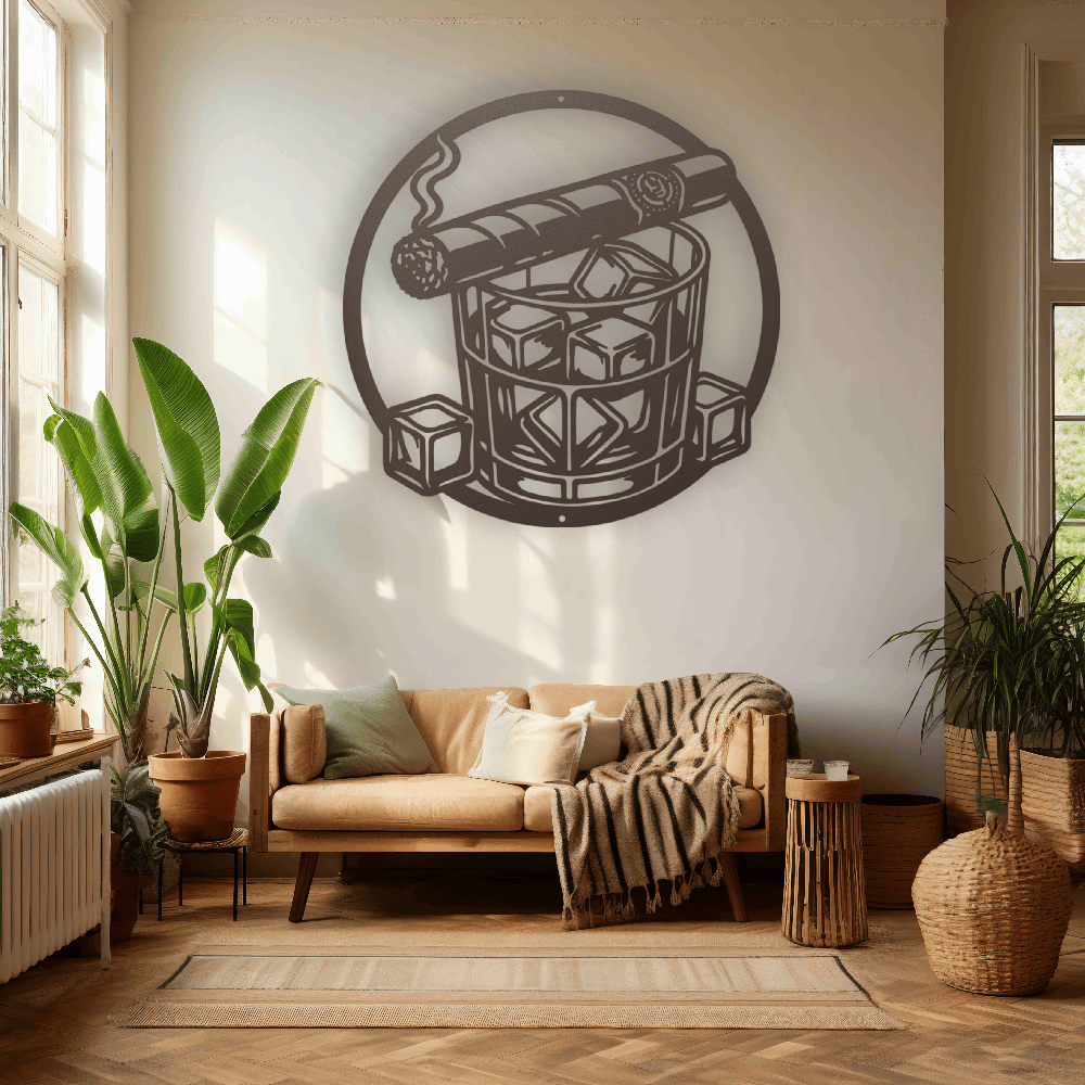 MyEasyMonogram Steel Sign Whiskey Glass with Ice and Smoking Cigar Metal Wall Art