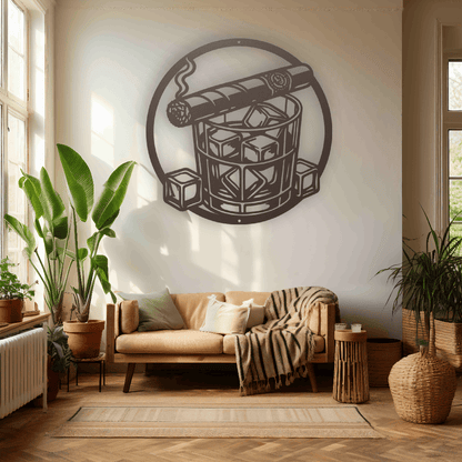 MyEasyMonogram Steel Sign Whiskey Glass with Ice and Smoking Cigar Metal Wall Art