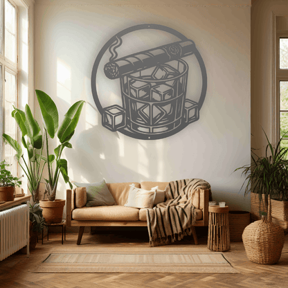 MyEasyMonogram Steel Sign Whiskey Glass with Ice and Smoking Cigar Metal Wall Art