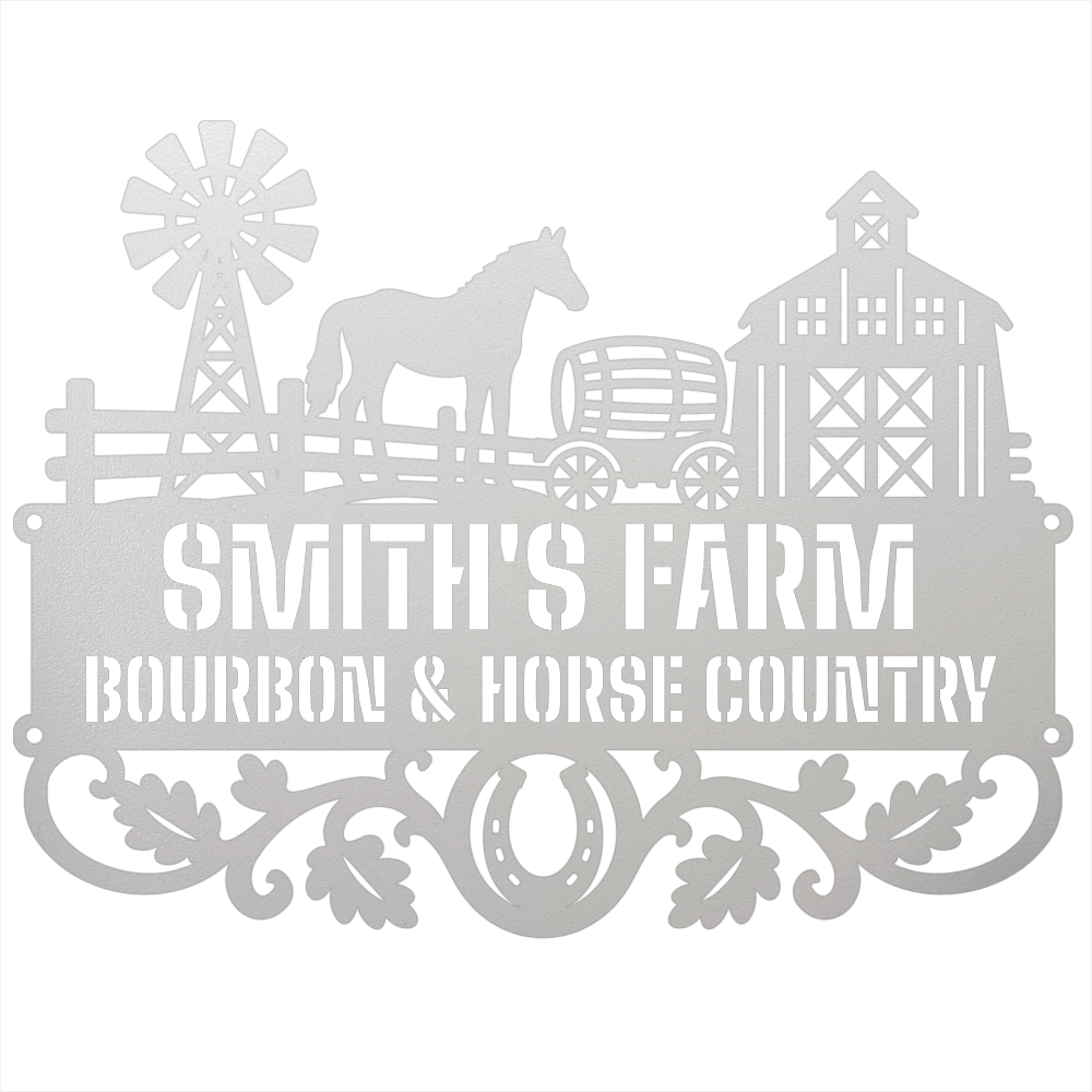 MyEasyMonogram Steel Sign White / 12 Personalized Farmyard Metal Wall Art with Horse and Barn Silhouette