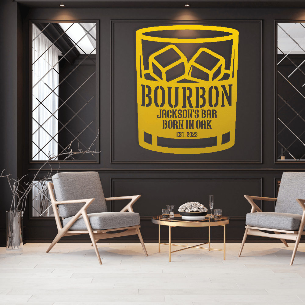 MyEasyMonogram Steel Sign Yellow / 12 Personalized Bourbon Rocks Glass Metal Wall Art