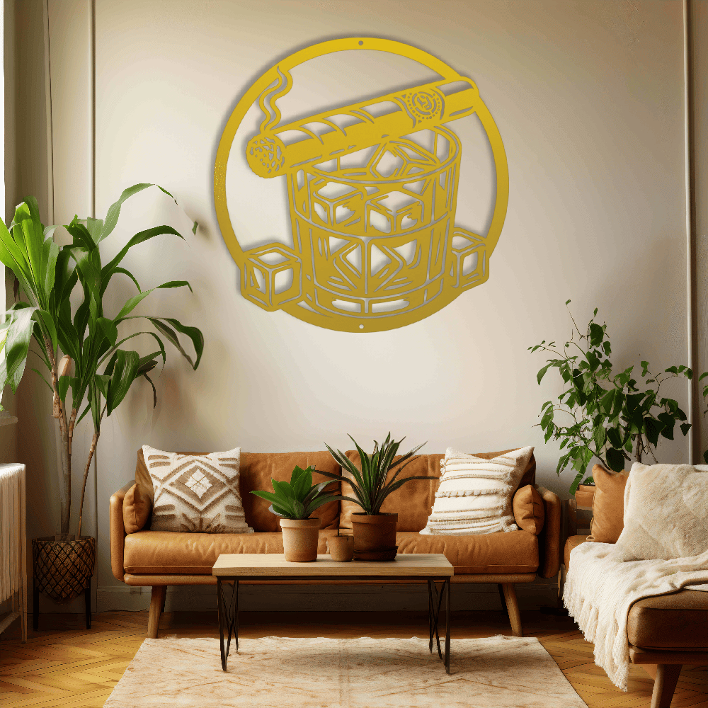 MyEasyMonogram Steel Sign Yellow / 12 Whiskey Glass with Ice and Smoking Cigar Metal Wall Art