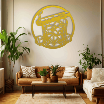 MyEasyMonogram Steel Sign Yellow / 12 Whiskey Glass with Ice and Smoking Cigar Metal Wall Art